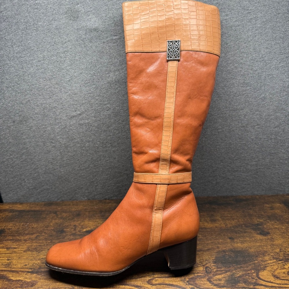 Brighton Gwen Boots Women 7.5 M Brown Leather Tall Knee High Croc Italy